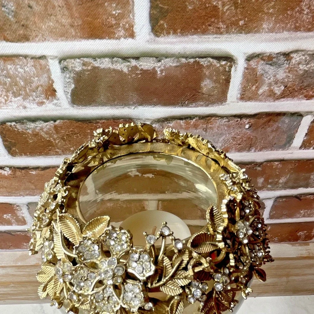 Gold Metal Clear Glass Floral Rhinestone Rim Pedestal Globe Hurricane Holder